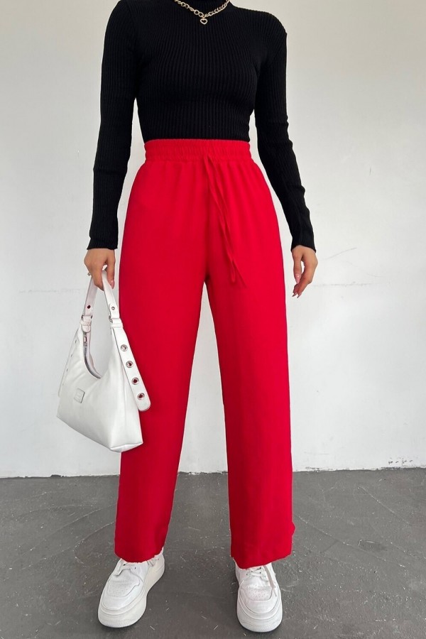 Elastic Waist Lace Detail Ayrobin Trousers -Red