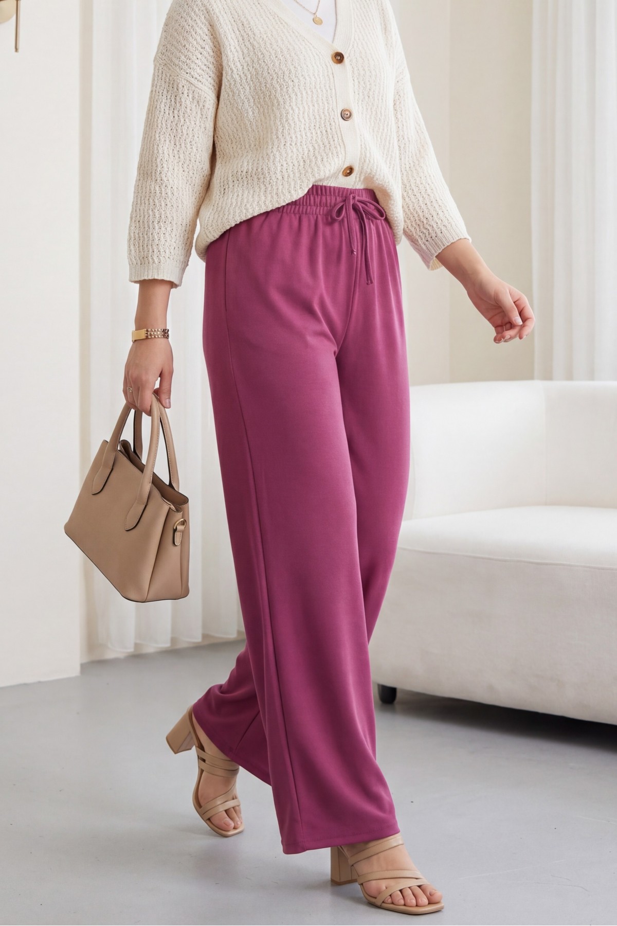 Elastic Waist Lace Detail Ayrobin Trousers -Damson