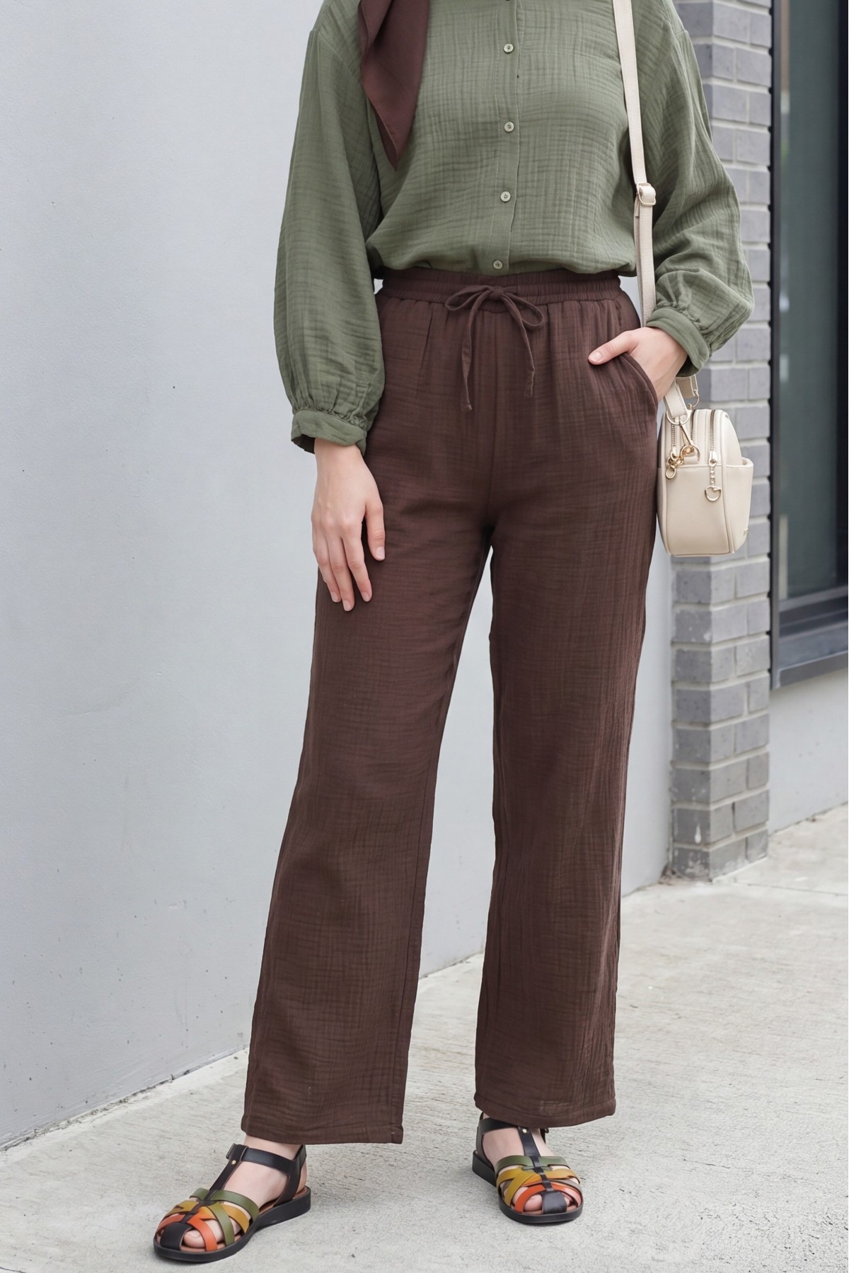 Muslin Pants with Drawstring Detail, Pockets, and Elastic Waist -Dark Coffee