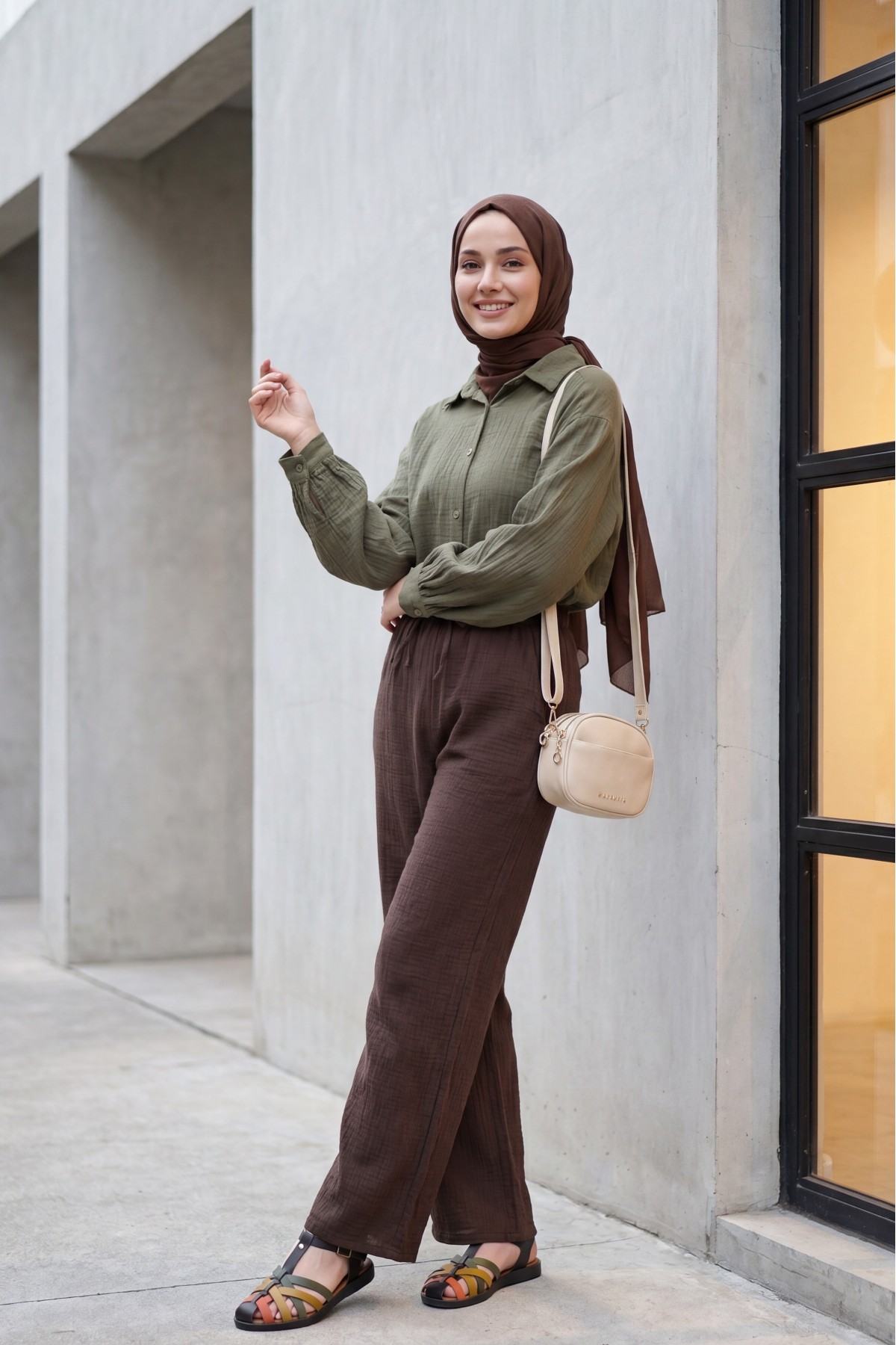 Muslin Pants with Drawstring Detail, Pockets, and Elastic Waist -Dark Coffee