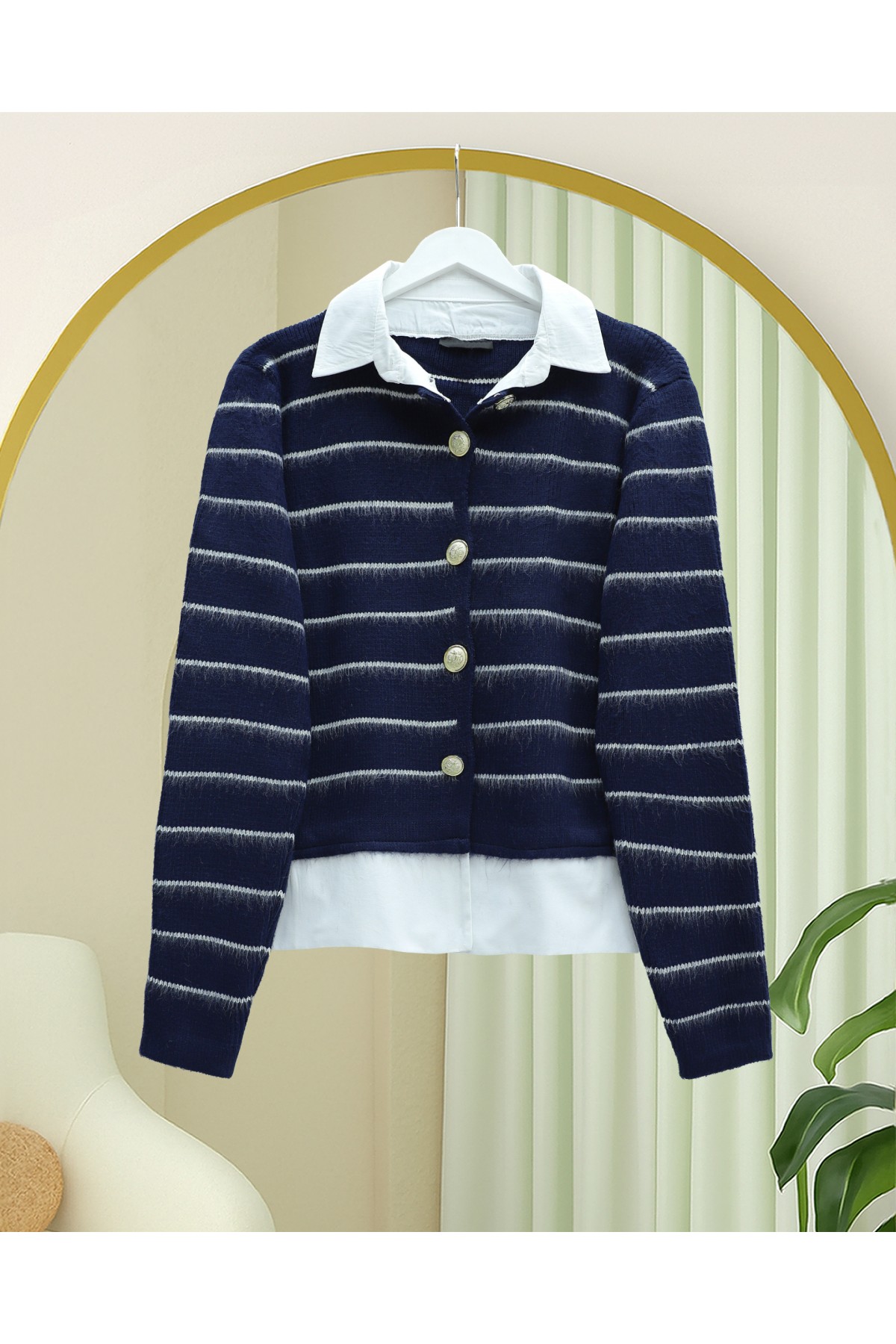 Buttoned Shirt Detailed Knit Cardigan -Navy blue