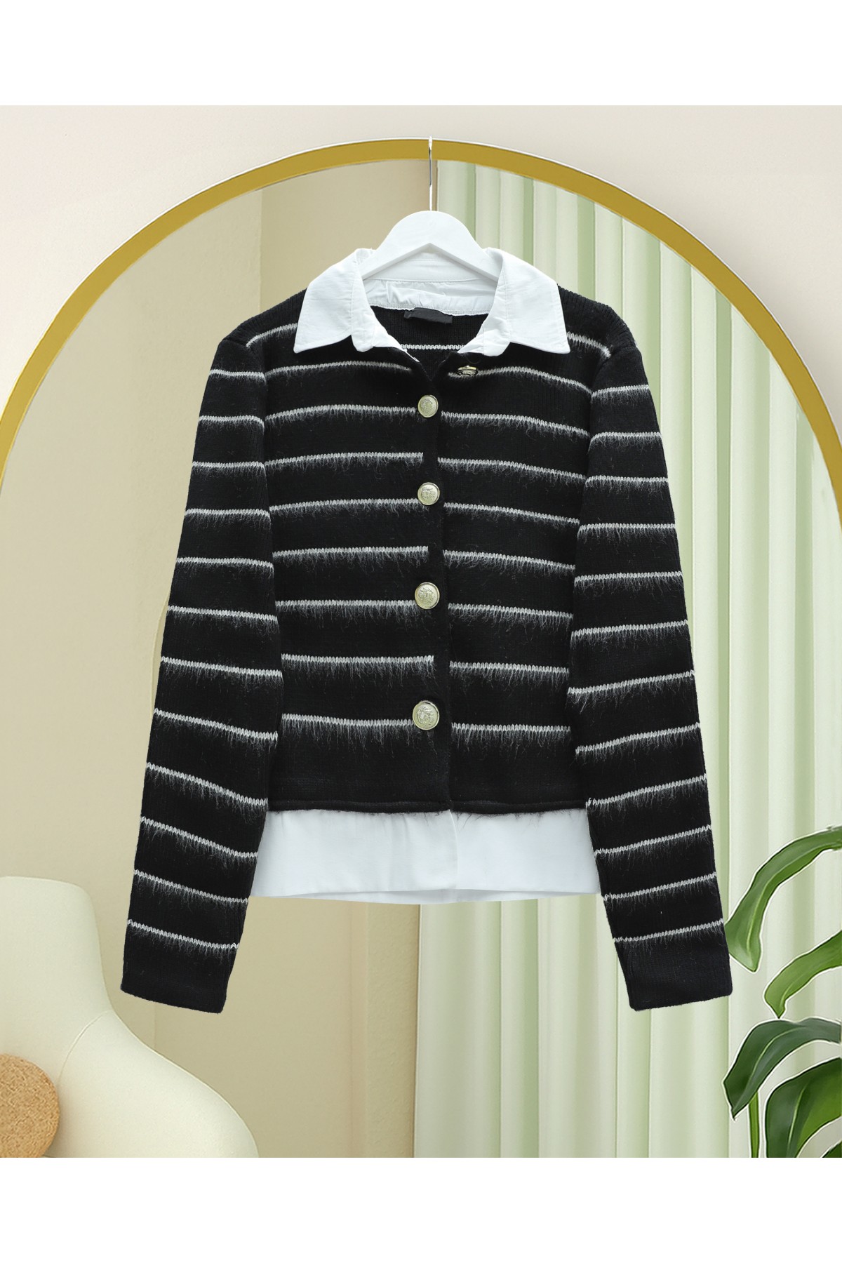 Buttoned Shirt Detailed Knit Cardigan -Black