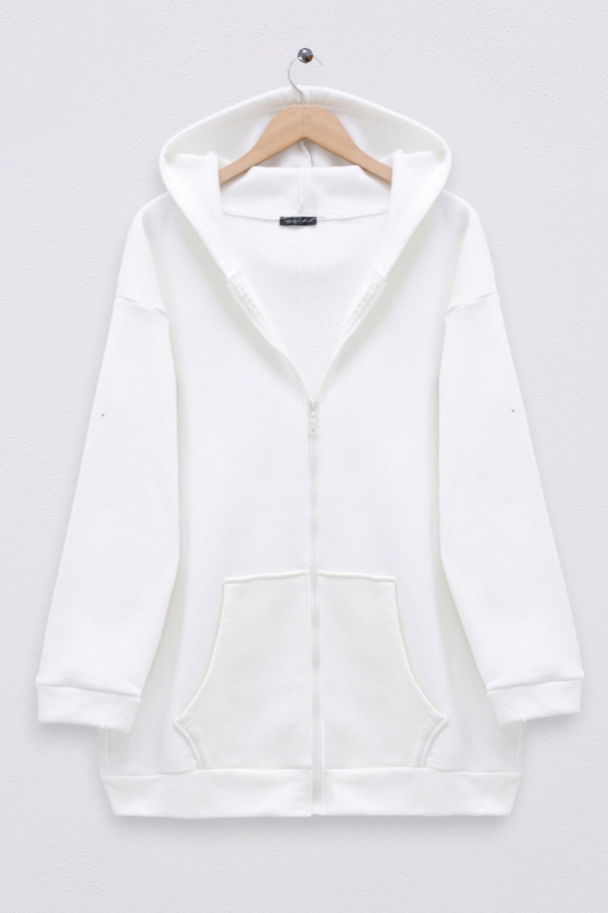 Fermuarlı Kapşonlu Cepli Polar Sweat -Beyaz
