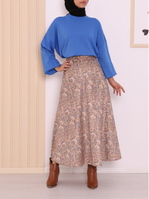 Belted Floral Patterned Velvet Skirt -Mink color
