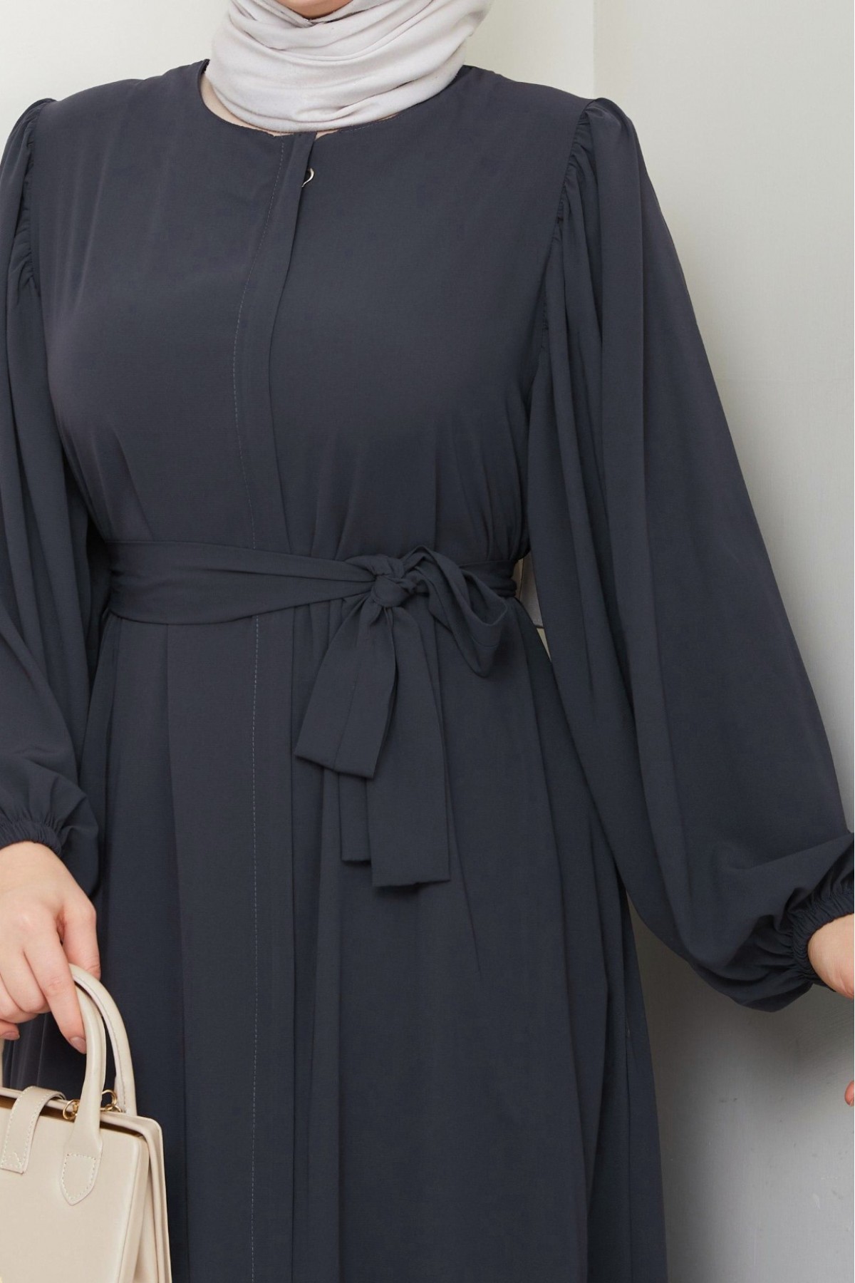 Elasticated Sleeves, Tied Waist, Zippered Abaya -Anthracite