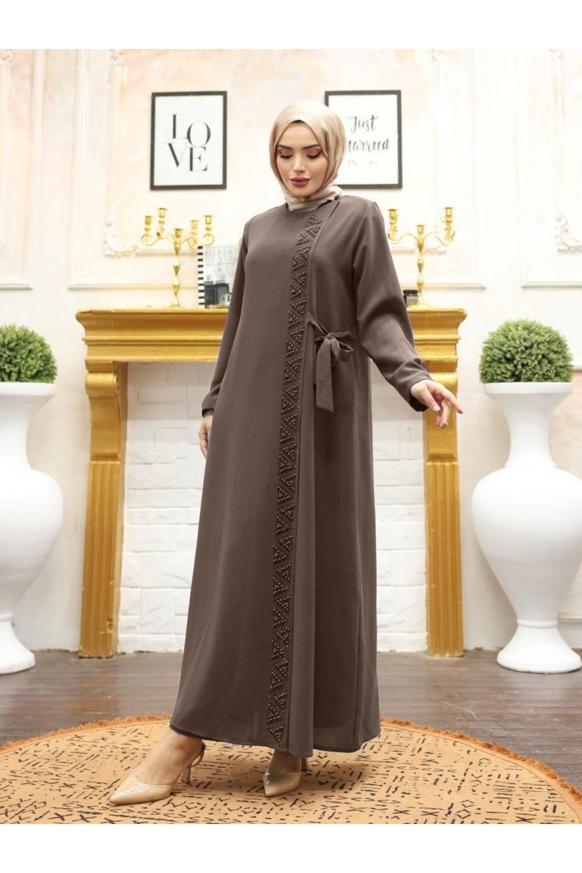 Double Layer Side Tie Abaya with Stone Detail on the Front -Brown