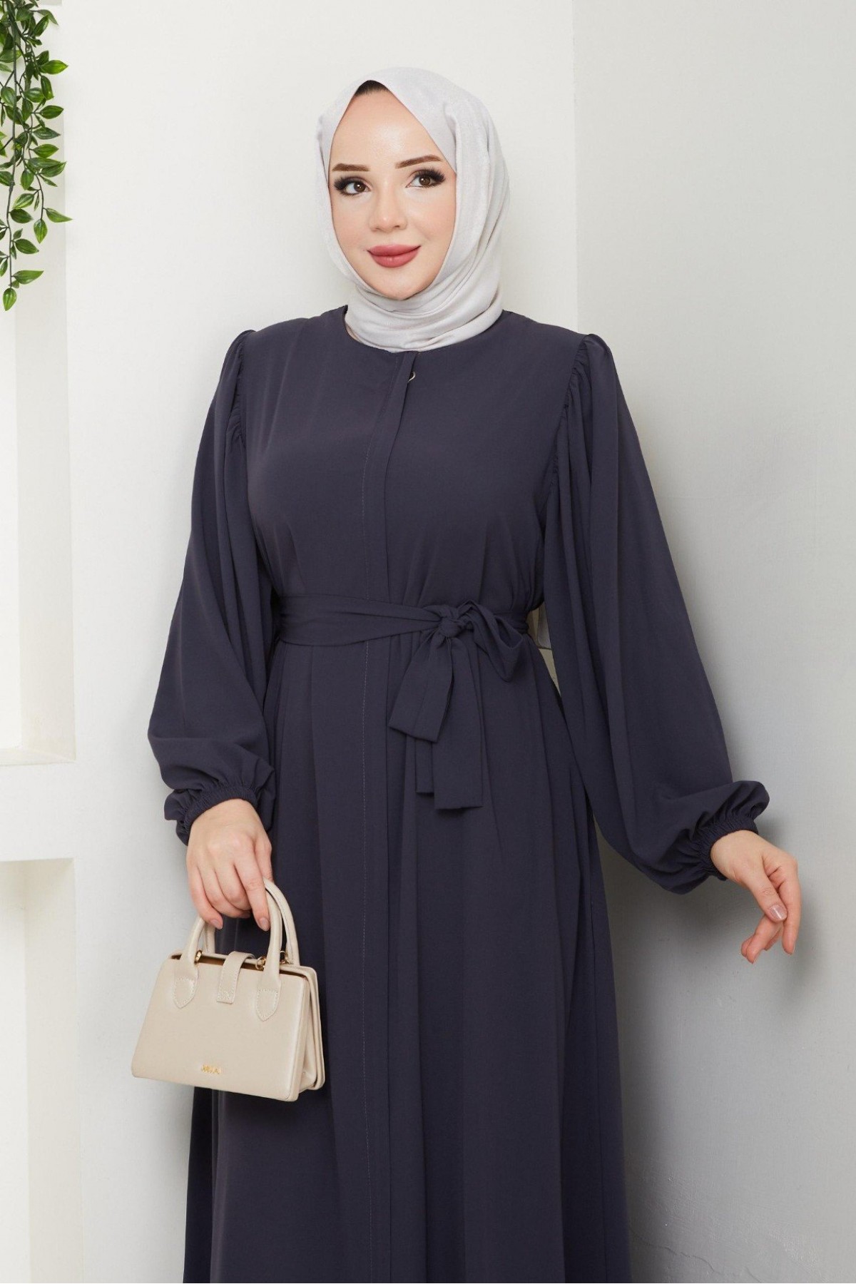Elasticated Sleeves, Tied Waist, Zippered Abaya -Anthracite