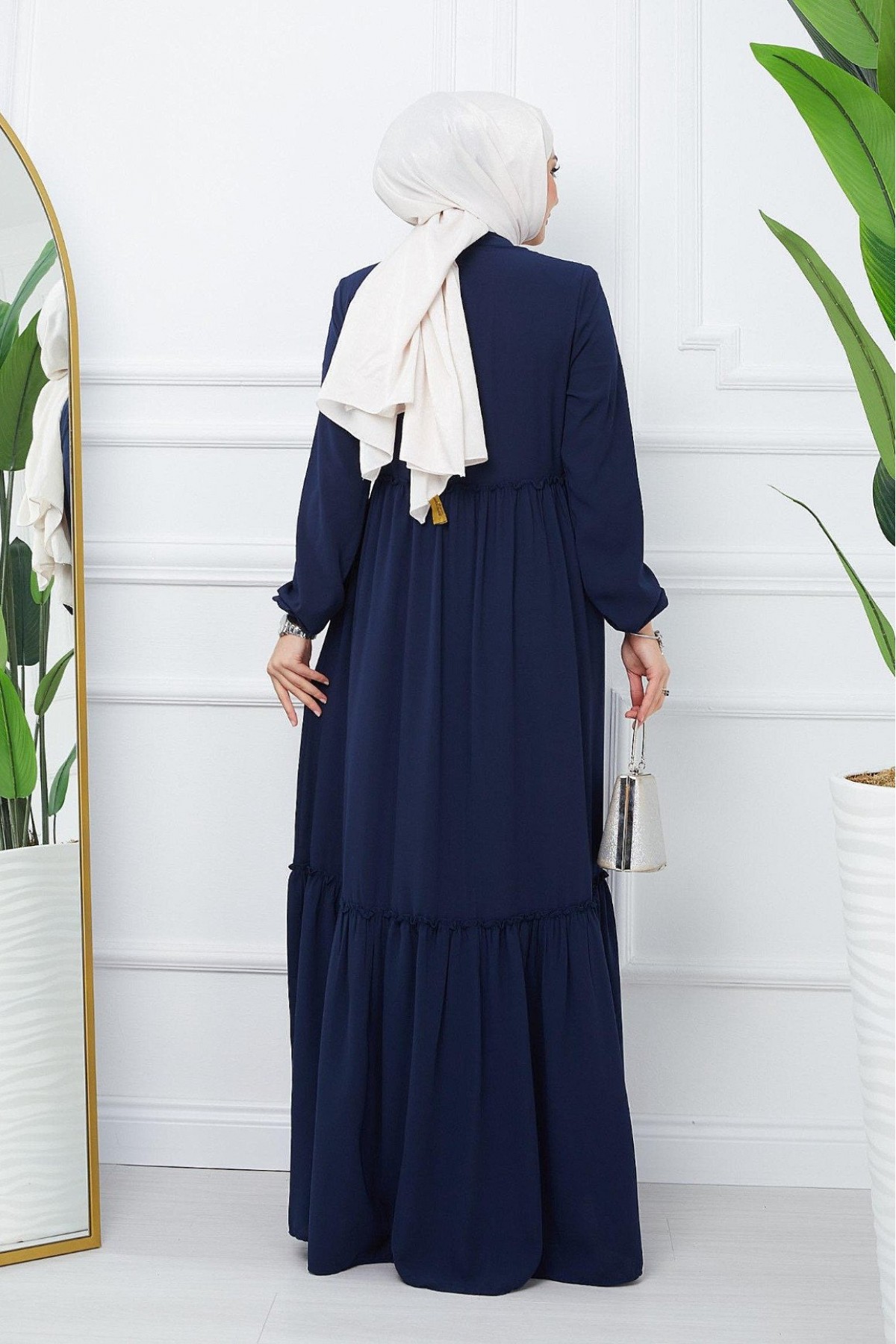 Parted Elastic Sleeve Full Zip Abaya -Navy blue