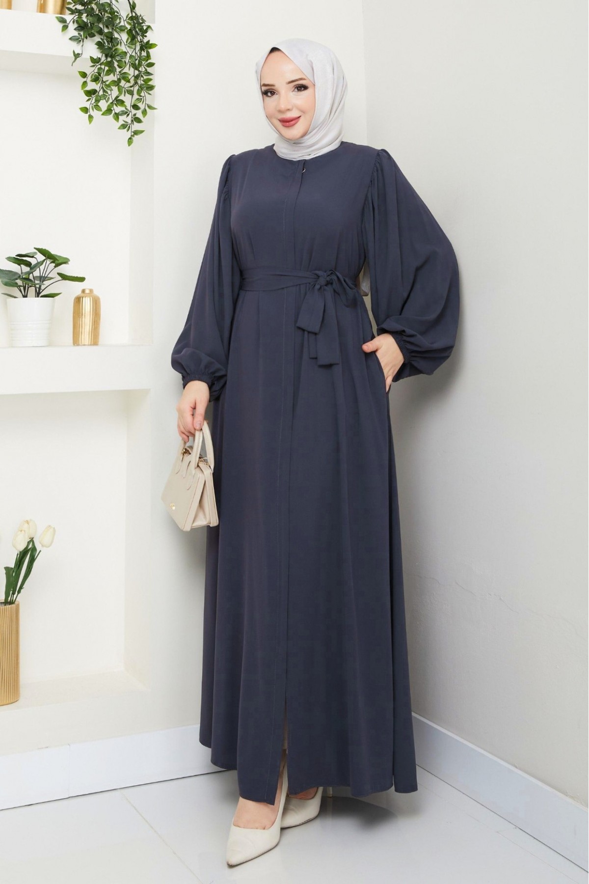 Elasticated Sleeves, Tied Waist, Zippered Abaya -Anthracite