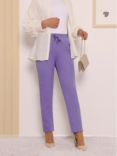 Elastic Waist Double Pocket Lacing Detail Trousers        -Lilac