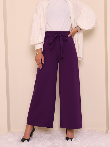 Tie Waist Double Wide Leg Trousers   - Purple