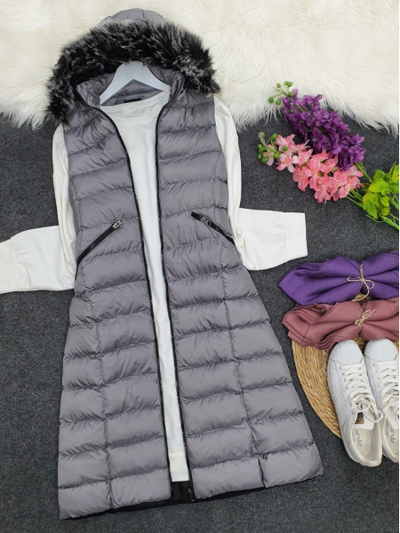Fur Hooded Inflatable Vest  -Smoked 