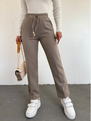 Elastic Waist Double Pocket Lacing Detail Trousers        -Mink color