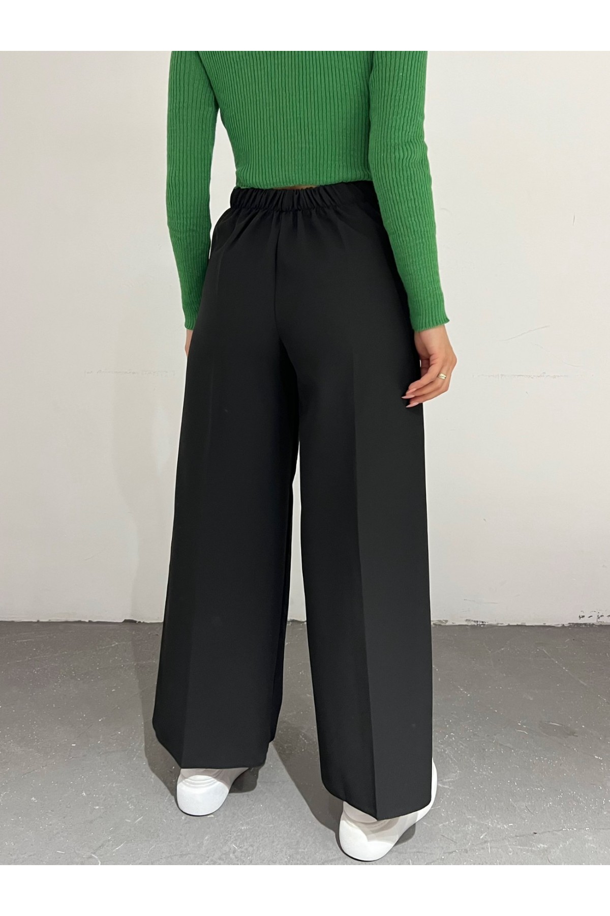 Tie Waist Double Wide Leg Trousers -Black