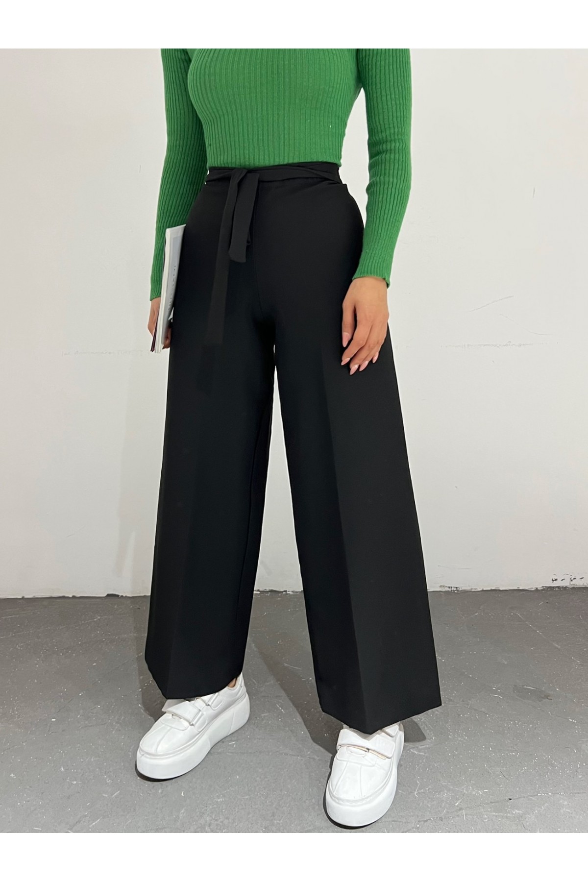 Tie Waist Double Wide Leg Trousers -Black