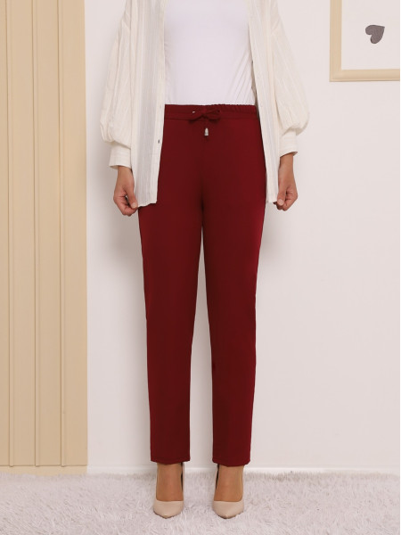 Elastic Waist Double Pocket Lacing Detail Trousers      -Maroon
