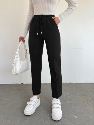 Elastic Waist Double Pocket Lacing Detail Trousers -Black