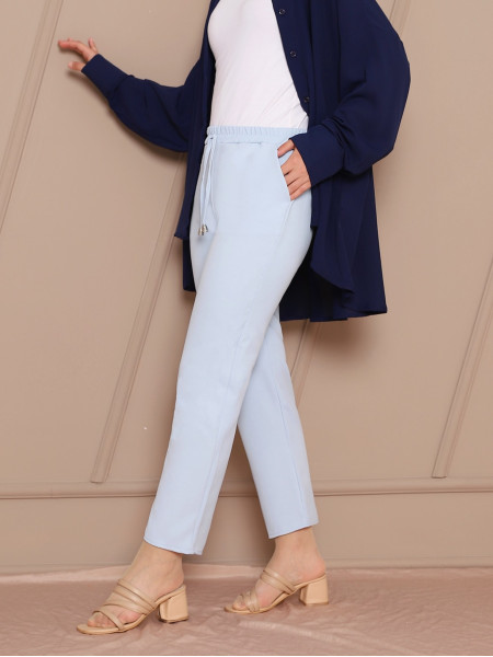 Elastic Waist Double Pocket Lacing Detail Trousers       -Baby Blue
