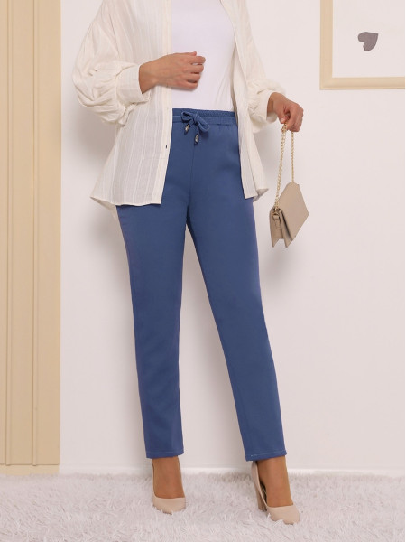 Elastic Waist Double Pocket Lacing Detail Trousers        -Ice Blue