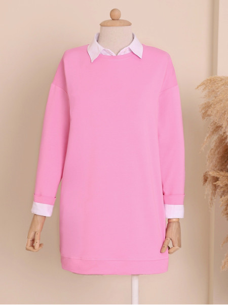 Round Neck Plain Combed Combed Sweat -Pink