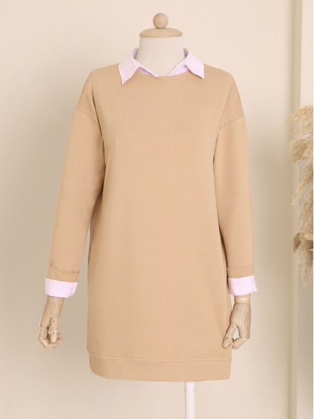 Round Neck Plain Combed Combed Sweat -Mink color