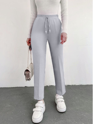 Elastic Waist Double Pocket Lacing Detail Trousers         - Light grey