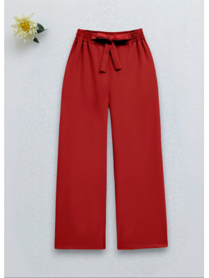 Tie Waist Double Wide Leg Trousers -Red