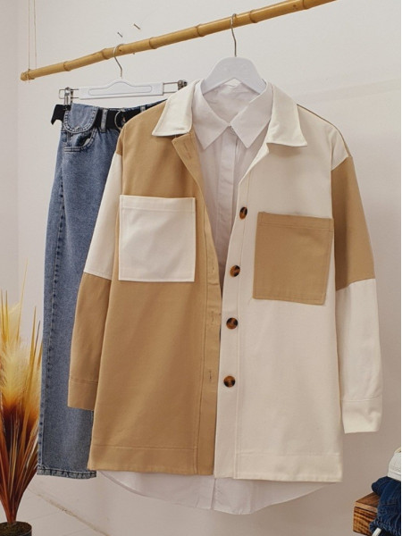 Two Color Buttoned Pocket Gabardine Jacket - Beige