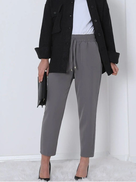 Elastic Waist Double Pocket Lacing Detail Trousers  -Grey