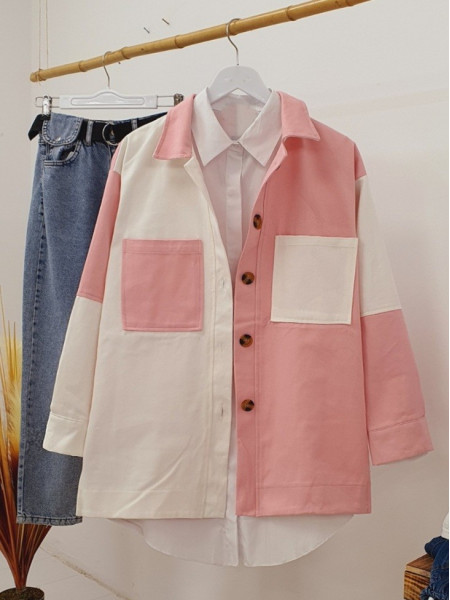 Two Color Buttoned Pocket Gabardine Jacket -Pink