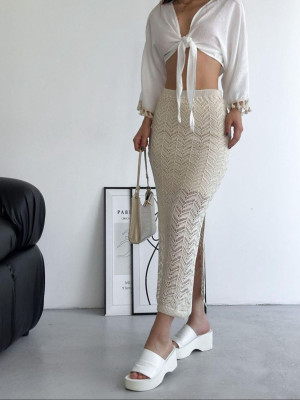 Zigzag Pattern Lined Knitwear Skirt -Cream color