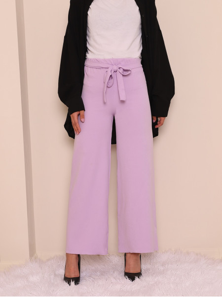 Tie Waist Double Wide Leg Trousers     -Light Lilac