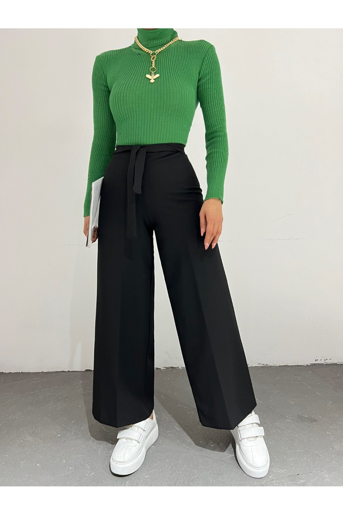 Tie Waist Double Wide Leg Trousers -Black