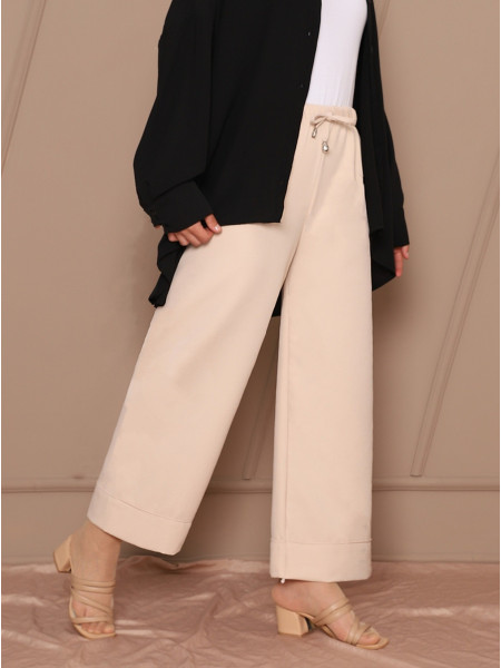 Lacing Detail Stitched Leg Trousers - Beige