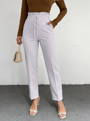 High Waist Lace Detailed Trousers   - Light grey