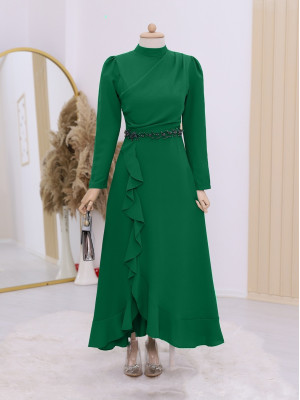 Front Draped Ruffled Waist Beaded Evening Dress -Green