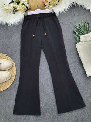 Lace Detail Elastic Waist Bell-Length Trousers -Black