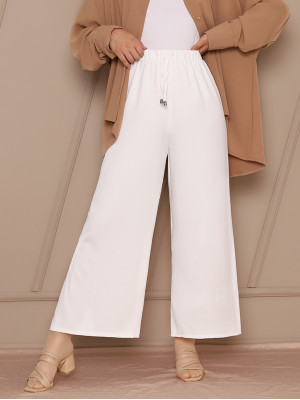 Bağcık Detaylı Bol Paça Beli Lastikli Pantolon -Beyaz