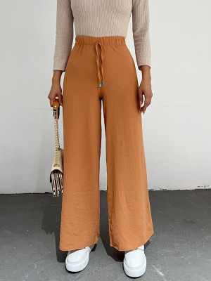 Lace Detail Wide Leg Waist Elastic Trousers  -apricot color