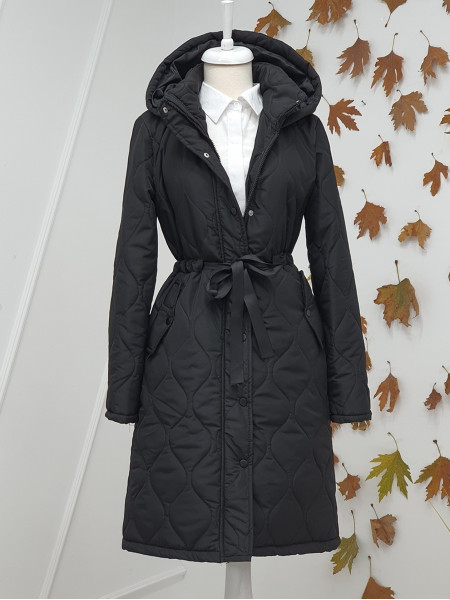 Tunnel Lace-Up Quilted Coat with Snap Pockets -Black