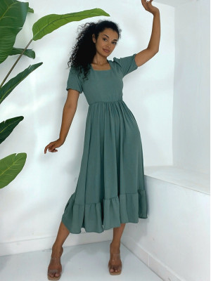 Square Collar Elastic Waist Short Sleeve Ayrobin Dress -Mint Color