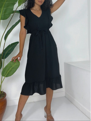 Frill Shoulder Elastic Waist Zero Sleeve Midi Length Ayrobin Dress -Black