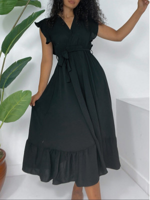 Omuzları Fırfırlı Sıfır Kol Beli Lastikli Bağcıklı Ayrobin Elbise -Siyah