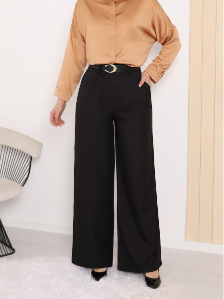 Belted Pleated High Waist Double Pocket Trousers -Black