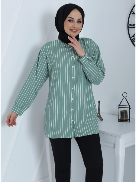Rigged Detailed Sleeve Cuff Striped Shirt -Mint Color