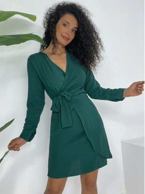 Double Breasted Collar Tied Frilled Ayrobin Dress   -Emerald