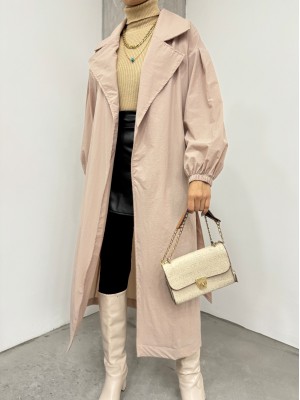 Belted Lined Trench Coat with Elastic Sleeves -Stone