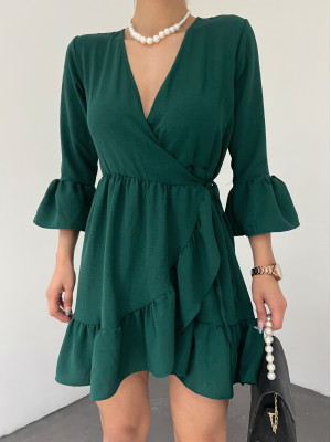 Frilly Skirt And Sleeves Elastic Waist Ayrobin Dress  -Emerald