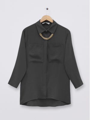 Double Pocket Long Necklace Ayrobin Shirt -Black