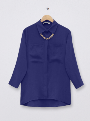 Double Pocket Long Necklace Ayrobin Shirt -Navy blue